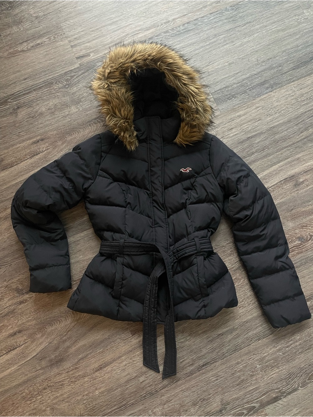 Vintage Y2K Hollister Navy Blue Belted Puffer Jacket Faux Fur Hood Size Large